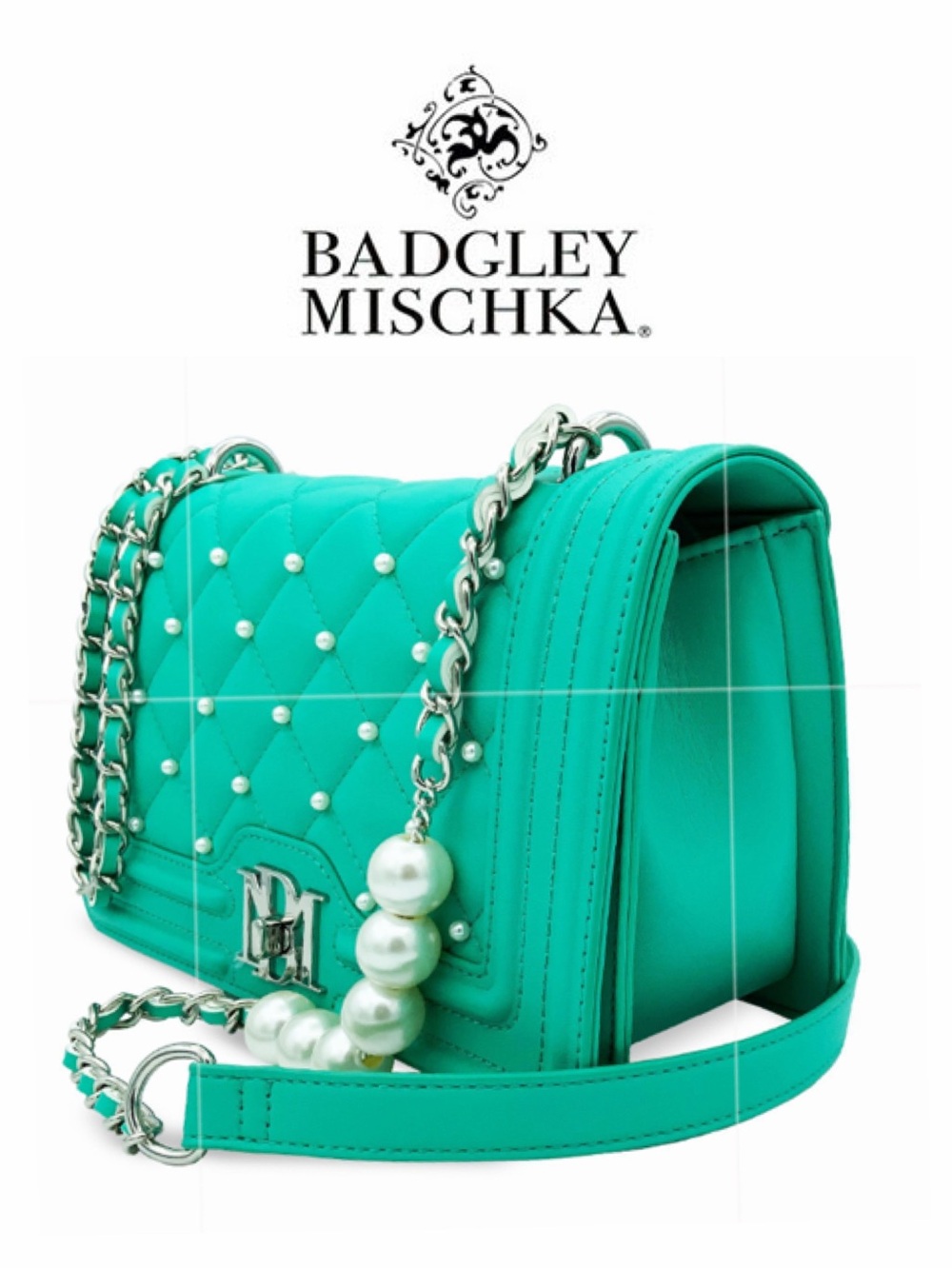 NWT Badgley Mischka Turquoise Quilted Pearl-Accent Crossbody Bag